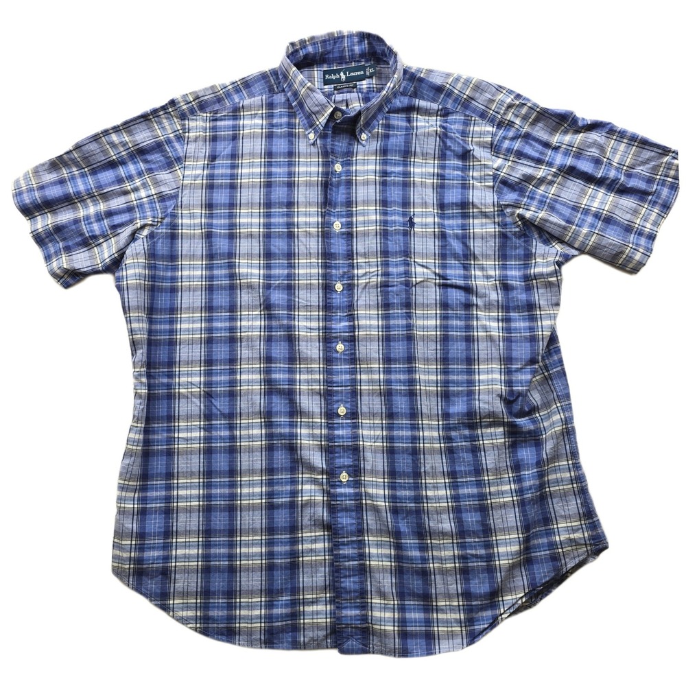 Ralph Lauren Short Sleeve Shirt Mens XL Blue White Cotton Plaid Classic Fit